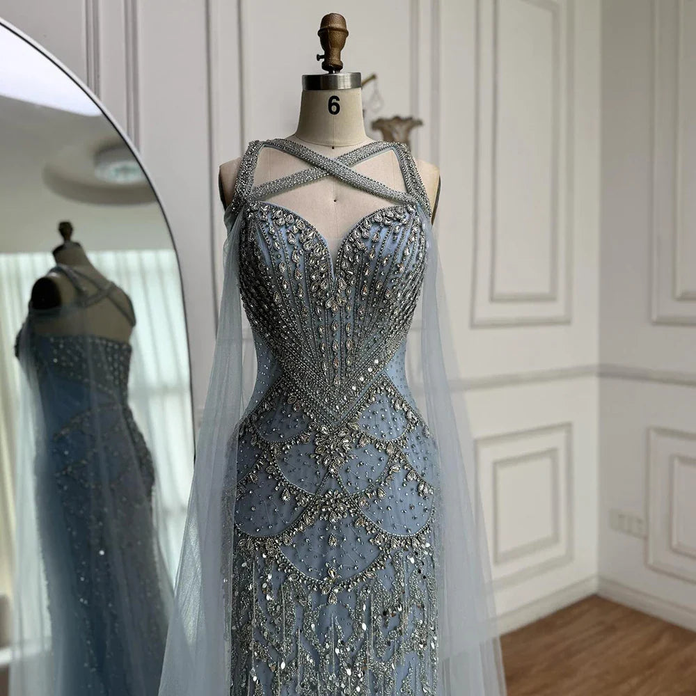 Luxury Nude Cape Sleeves Beaded Crystal Evening Dress LA72806