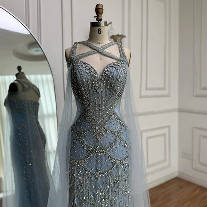 Luxury Nude Cape Sleeves Beaded Crystal Evening Dress LA72806
