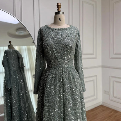 Luxury Olive Green Beaded A-Line Modest Evening Dress Plus Size LA72738B