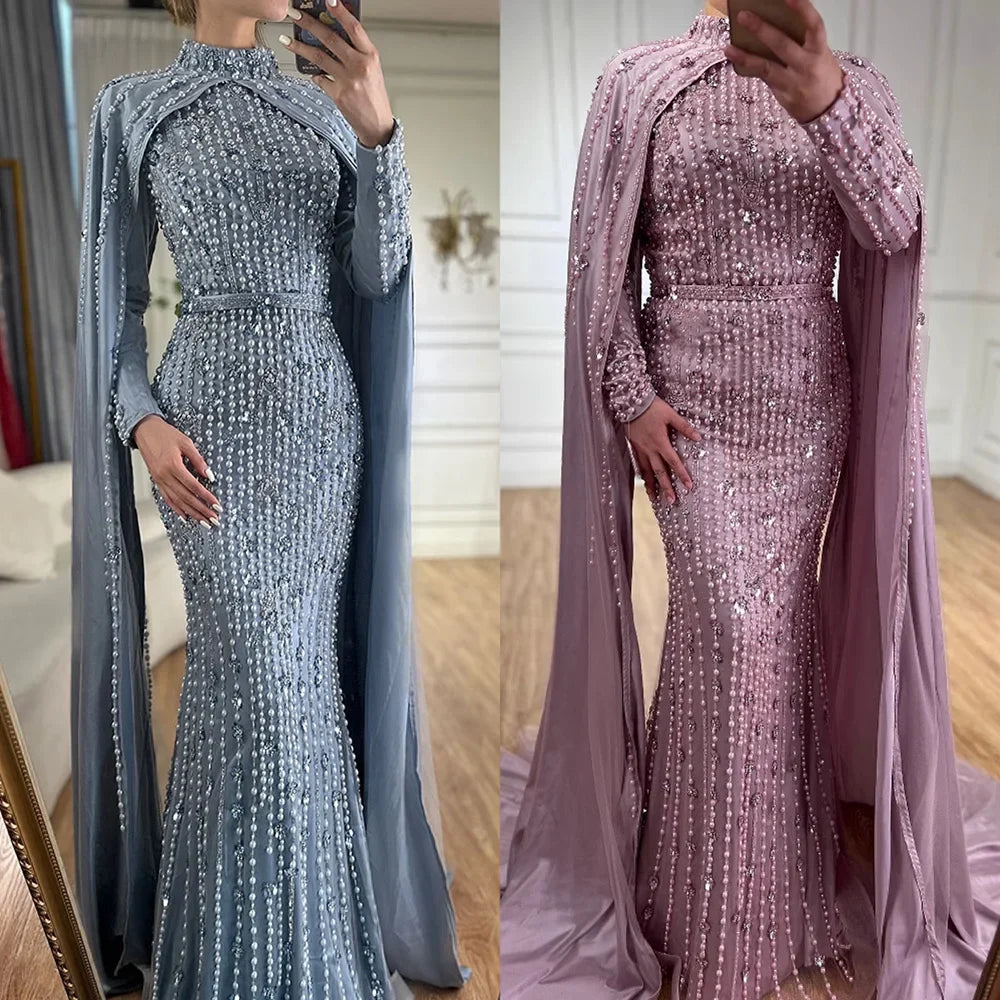Luxury Blue Muslim Mermaid Beaded Evening Gowns with Cape Sleeves LA72533