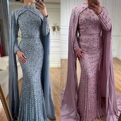 Luxury Blue Muslim Mermaid Beaded Evening Gowns with Cape Sleeves LA72533