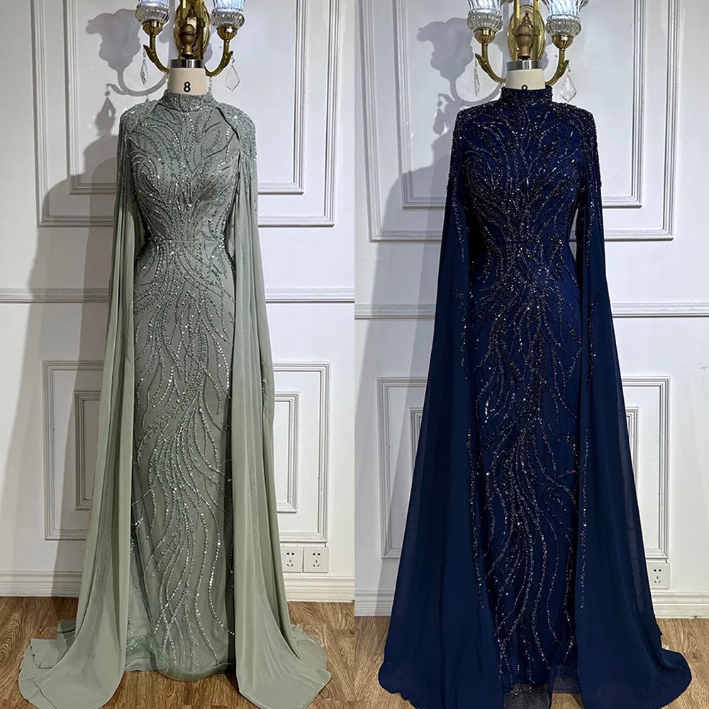 Luxury Muslim Sage Green Evening Dresses Gowns with Cape Long Sleeves LA72413A