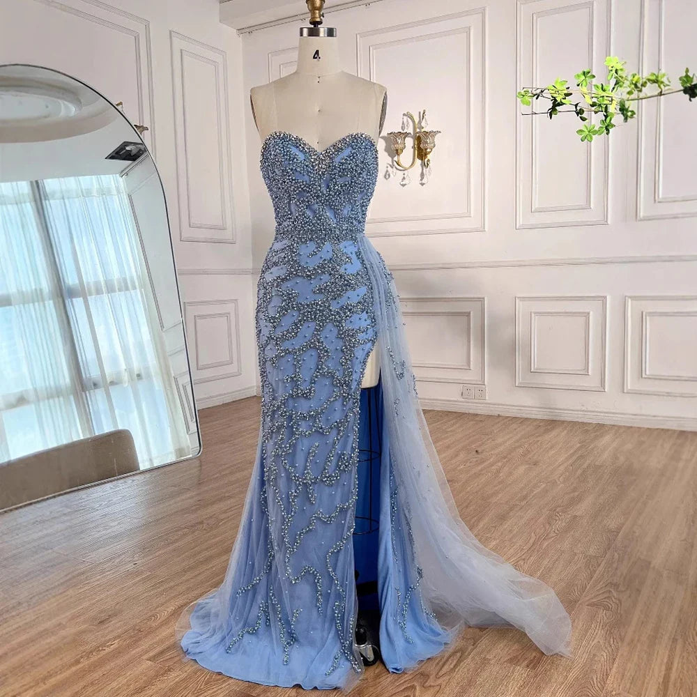 Luxury Saudi Arabic Blue Beaded Evening Dress with Slit LA72877