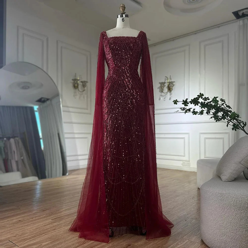 Luxury Turquoise Pearl Arabic Mermaid Evening Dress with Cape Sleeves LA72590A