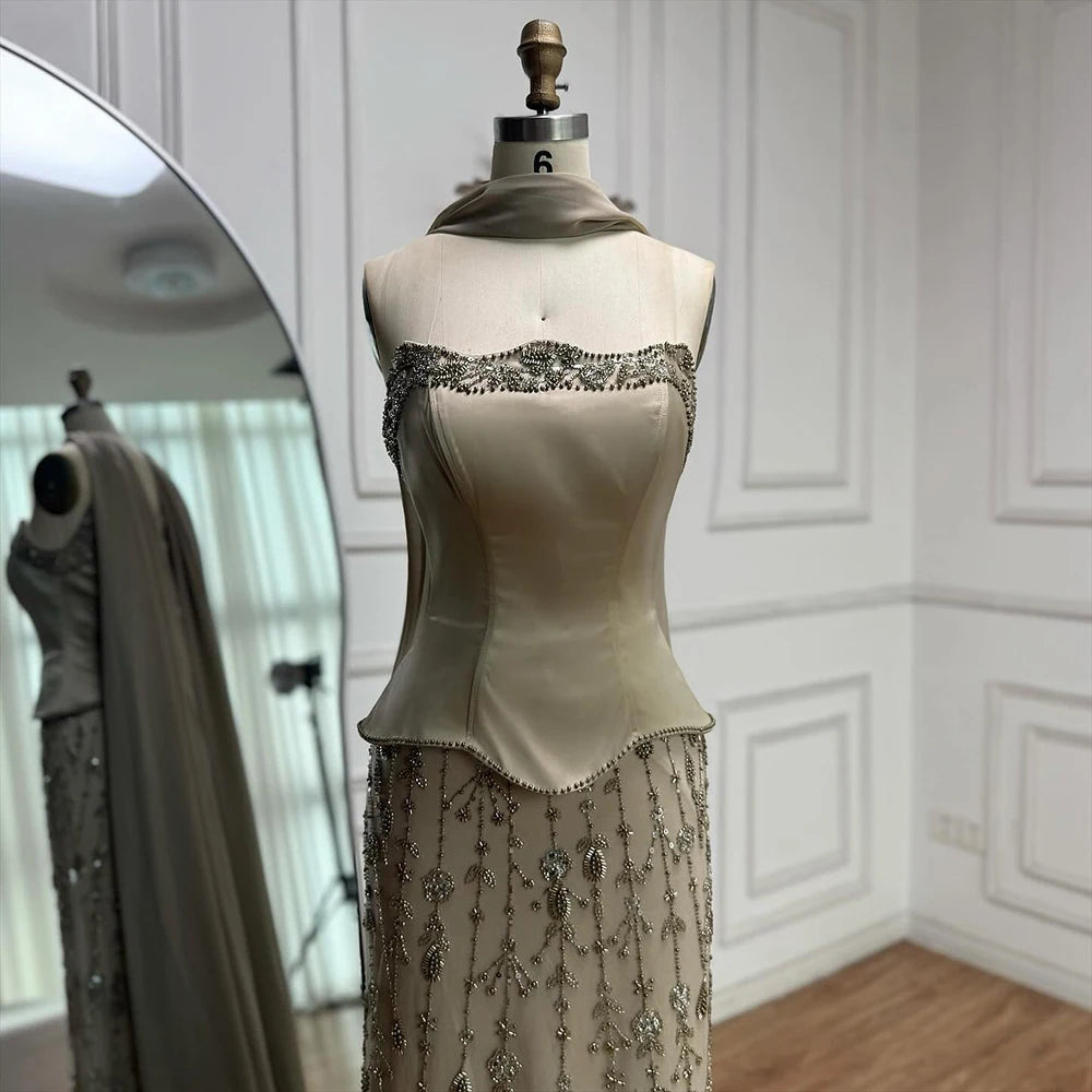 Luxury Caramel Satin Beaded Evening Dress with Corset Bodice LA72805C