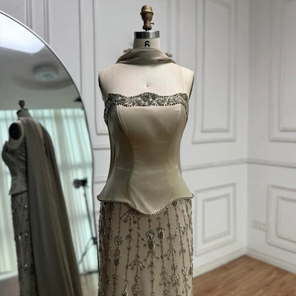Luxury Caramel Satin Beaded Evening Dress with   Bodice LA72805C