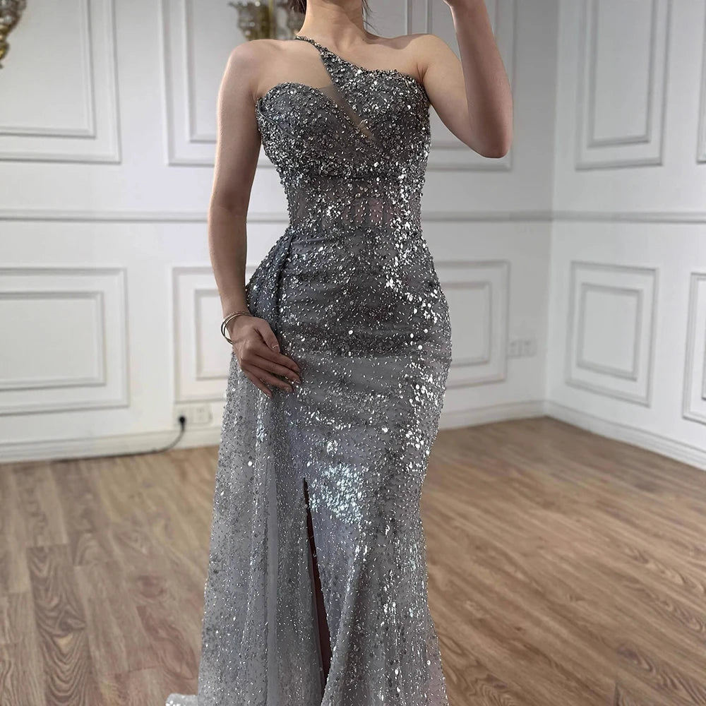Luxury Silver Gray Crystal Beaded One Shoulder Evening Dress with Overskirt LA73160