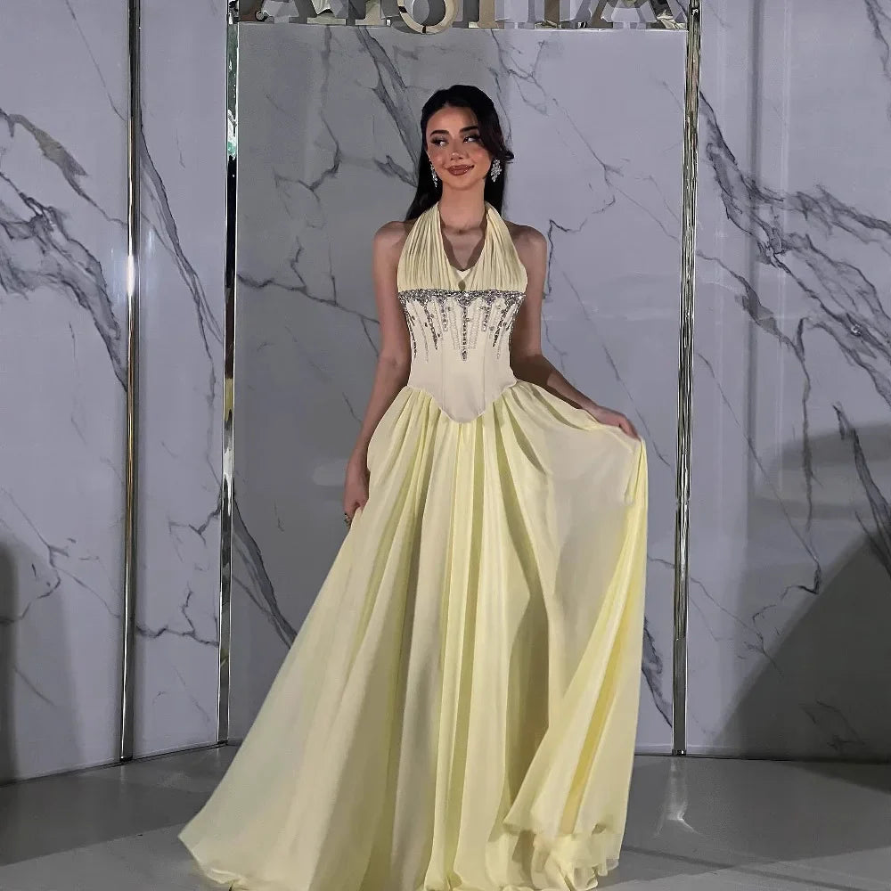 Elegant Yellow Chiffon Halter Beaded Ball Gown Evening Dress LA73074