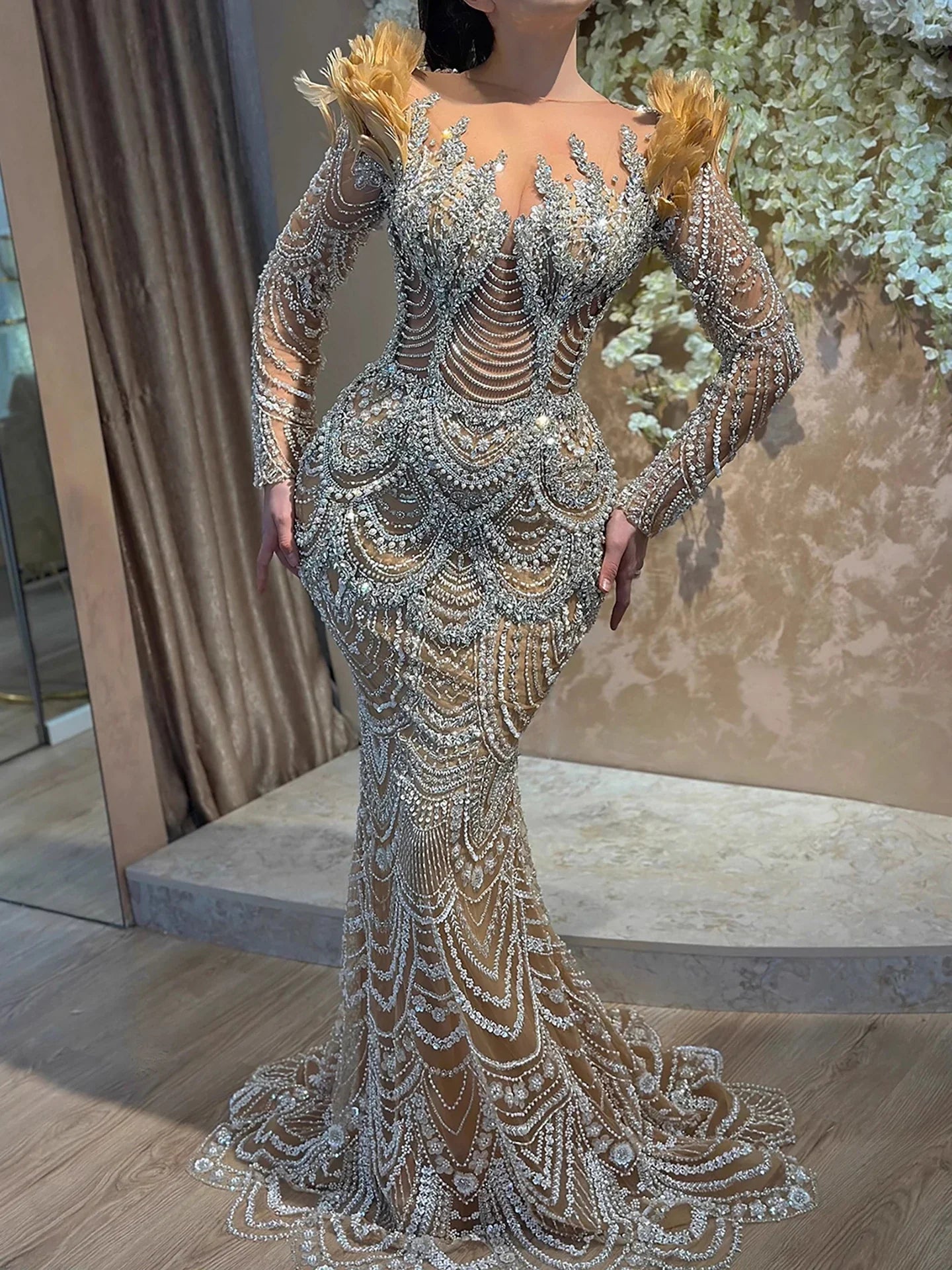 Luxury Nude Beaded Feather Long Sleeve Mermaid Evening Dress LA73348