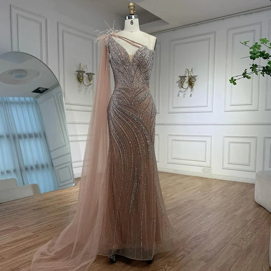 Luxury Caramel One Shoulder Beaded Mermaid Evening Dress LA72895