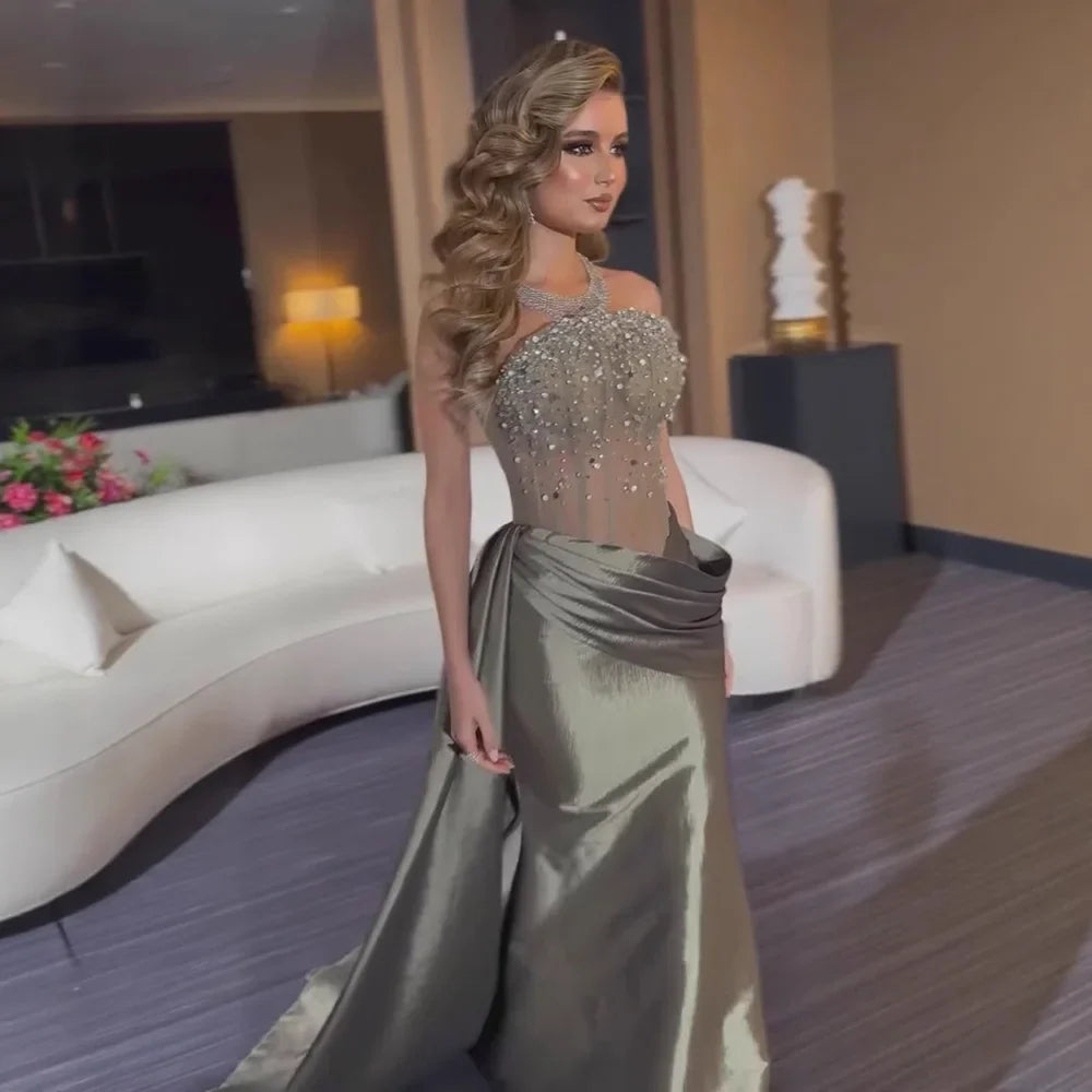 Luxury Olive Green Satin Evening Dress with Beaded Bodice LA73069