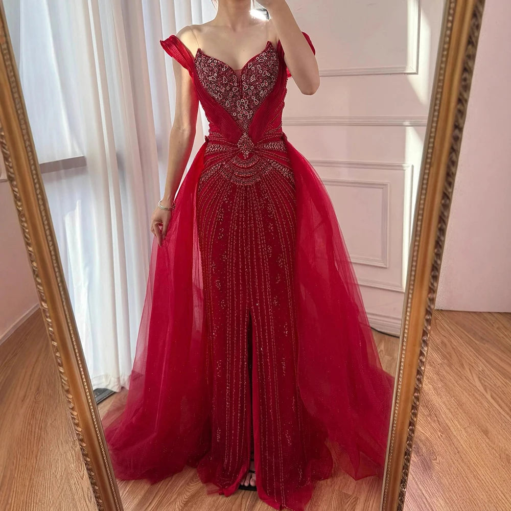 שמלת ערב יוקרתית בתולת ים עם חרוזים בגוון עירום, חצאית עליונה ושסע LA73034 