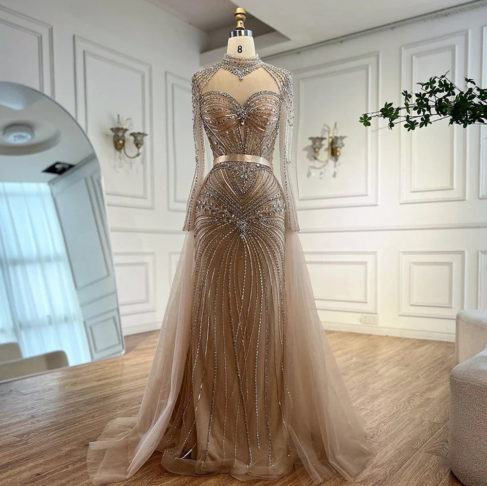 Luxury Nude Beaded Evening Dress with Detachable Overskirt LA72990