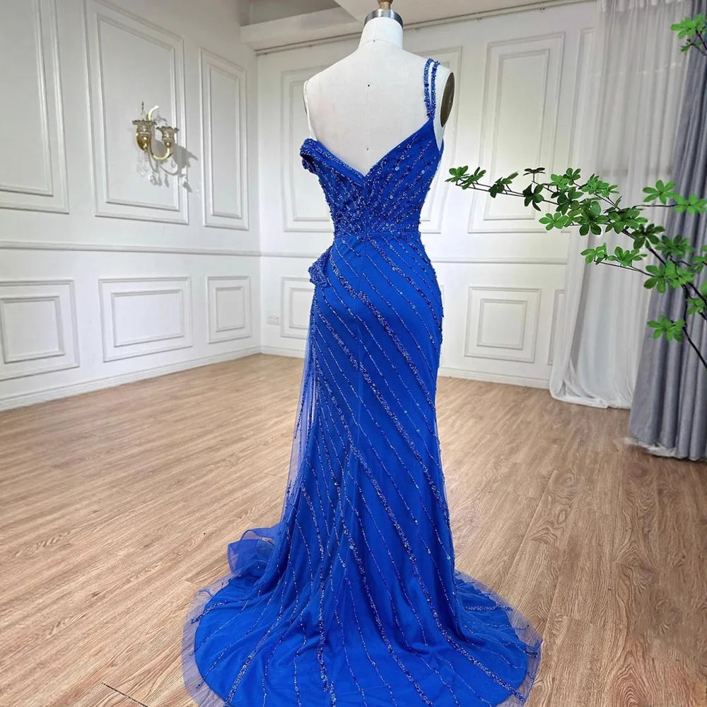 Luxury Blue Beaded Mermaid Evening Dress with Split LA71663