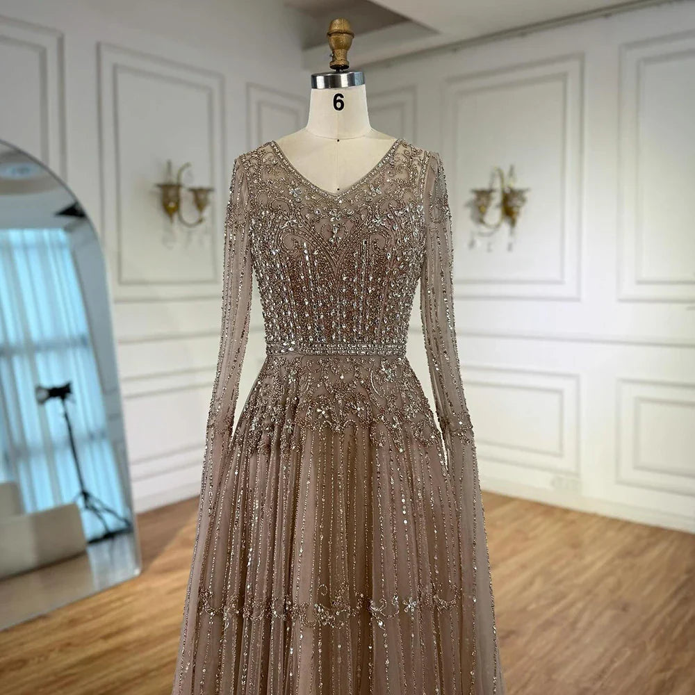 Elegant Caramel A-Line Beaded Evening Dress with Cape Sleeves LA73075
