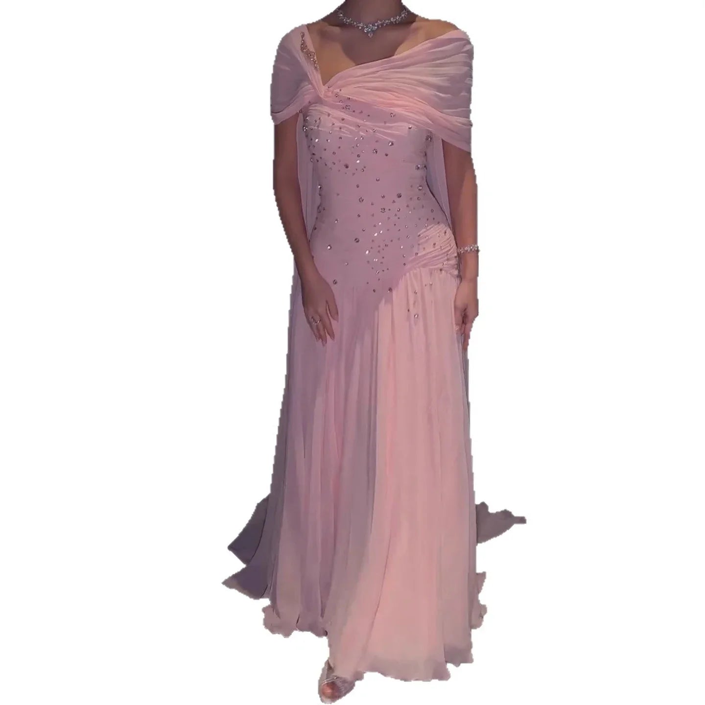 Luxury Pink Chiffon Beaded A-Line Evening Dress with Sheer Cape LA73347