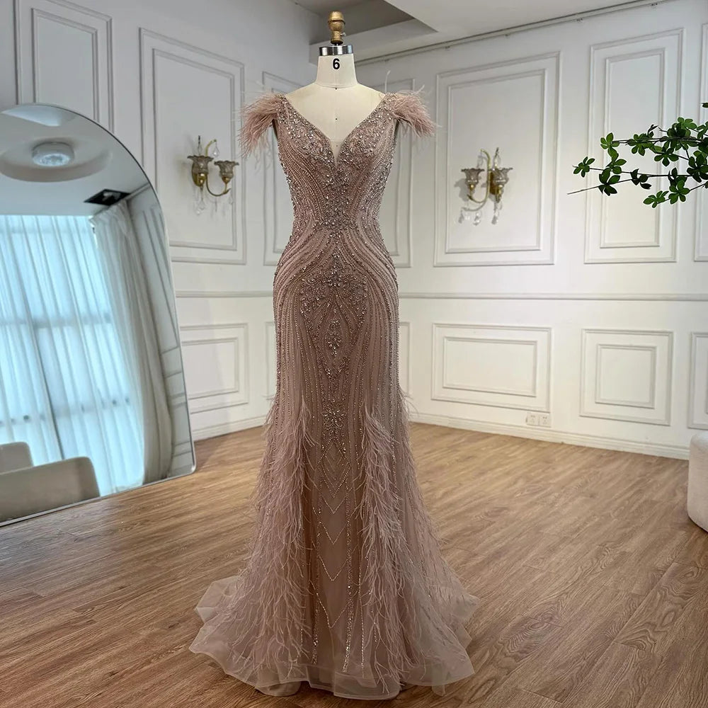 Luxury Pink Feathered Mermaid Evening Dress with Beaded Hem LA73098