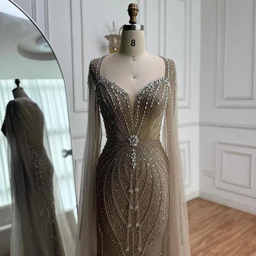 Elegant Beige Beaded Evening Dress with Cape Sleeves LA72992