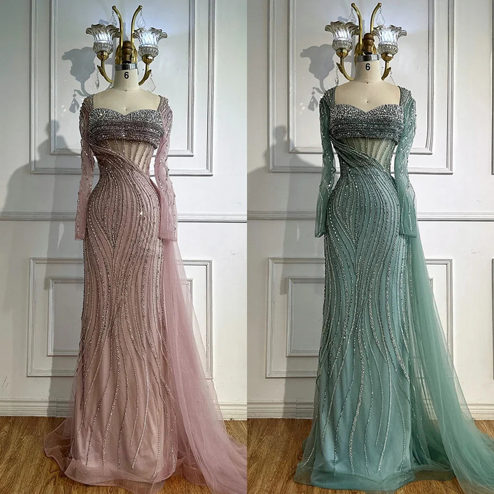 Luxury Nude Beaded Crystal Evening Dress with Overskirt LA72812