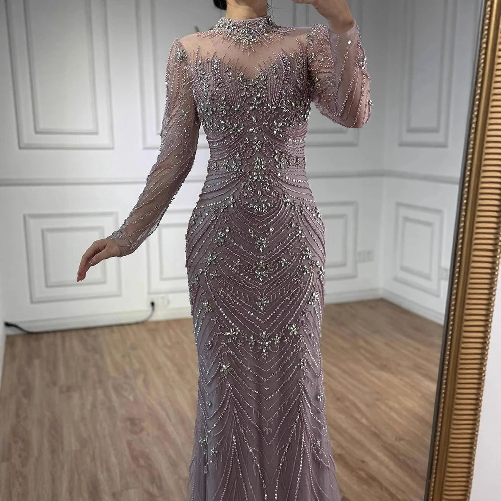 Luxury Pink Beaded Mermaid Evening Dress Long Sleeve LA73158