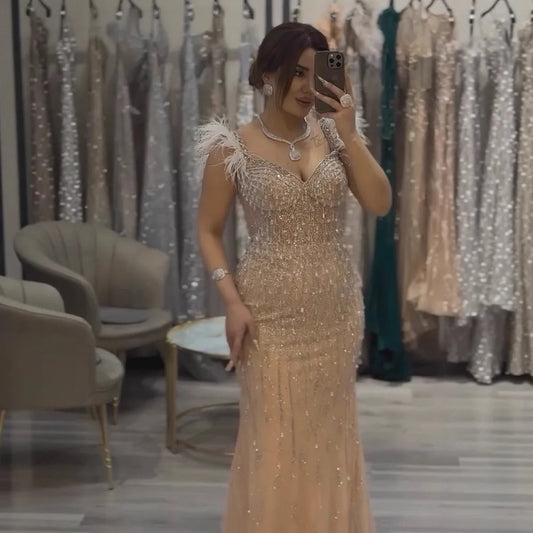 Luxury Dubai Nude Beaded Mermaid Evening Gown with Feather Formal Occasion LA72818