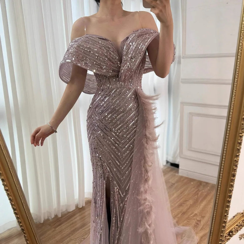 Luxury Pink Off Shoulder Beaded Feather Mermaid Evening Dress LA73111