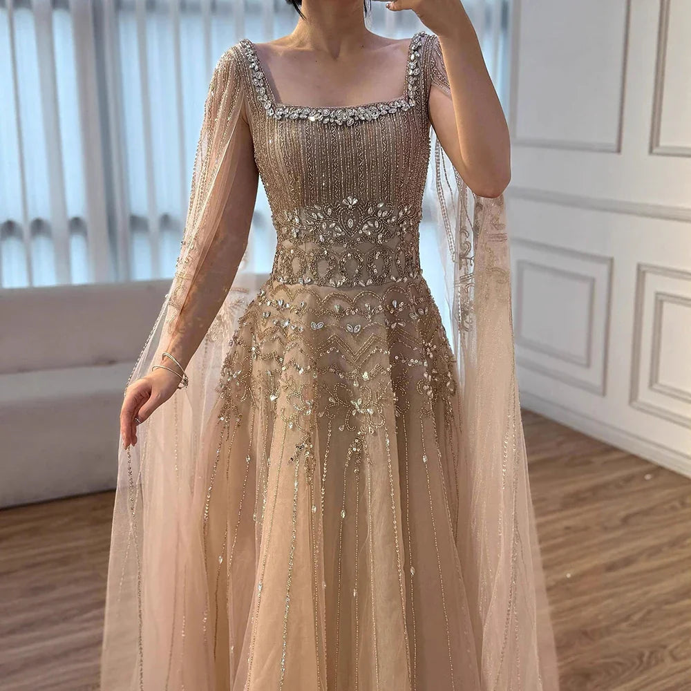 Luxury Caramel A-Line Beaded Evening Dress with Cape Sleeves LA73089A