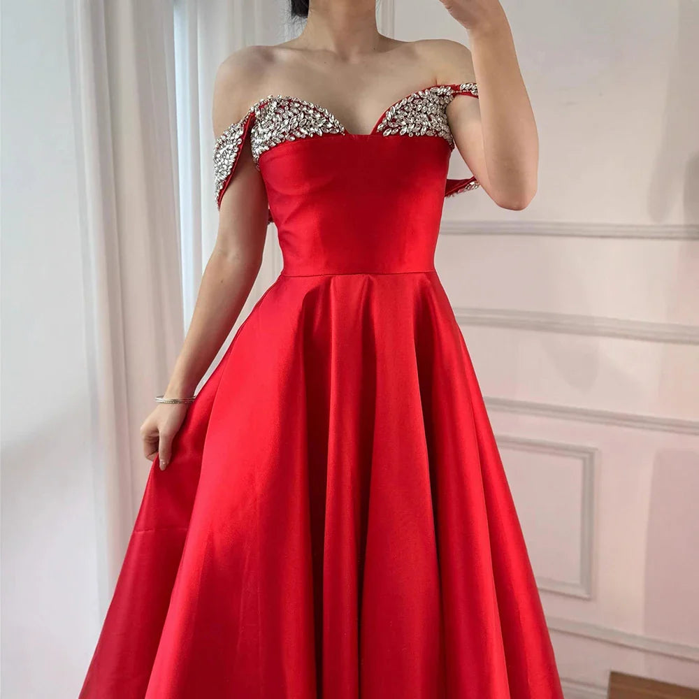 Luxury Red Beaded A-Line Prom Dress with Spaghetti Straps LA73049