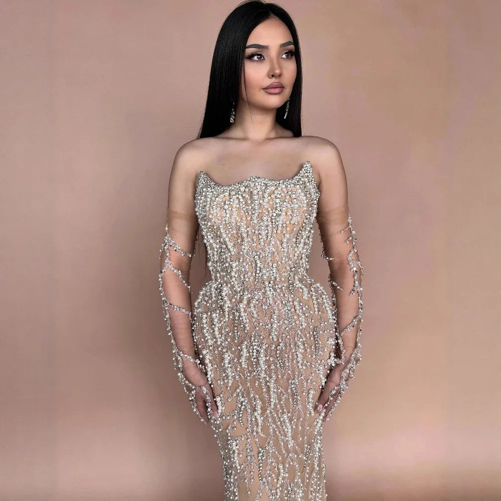 Luxury Nude Strapless Pearl Beaded Mermaid Evening Gown with Gloves LA72345C