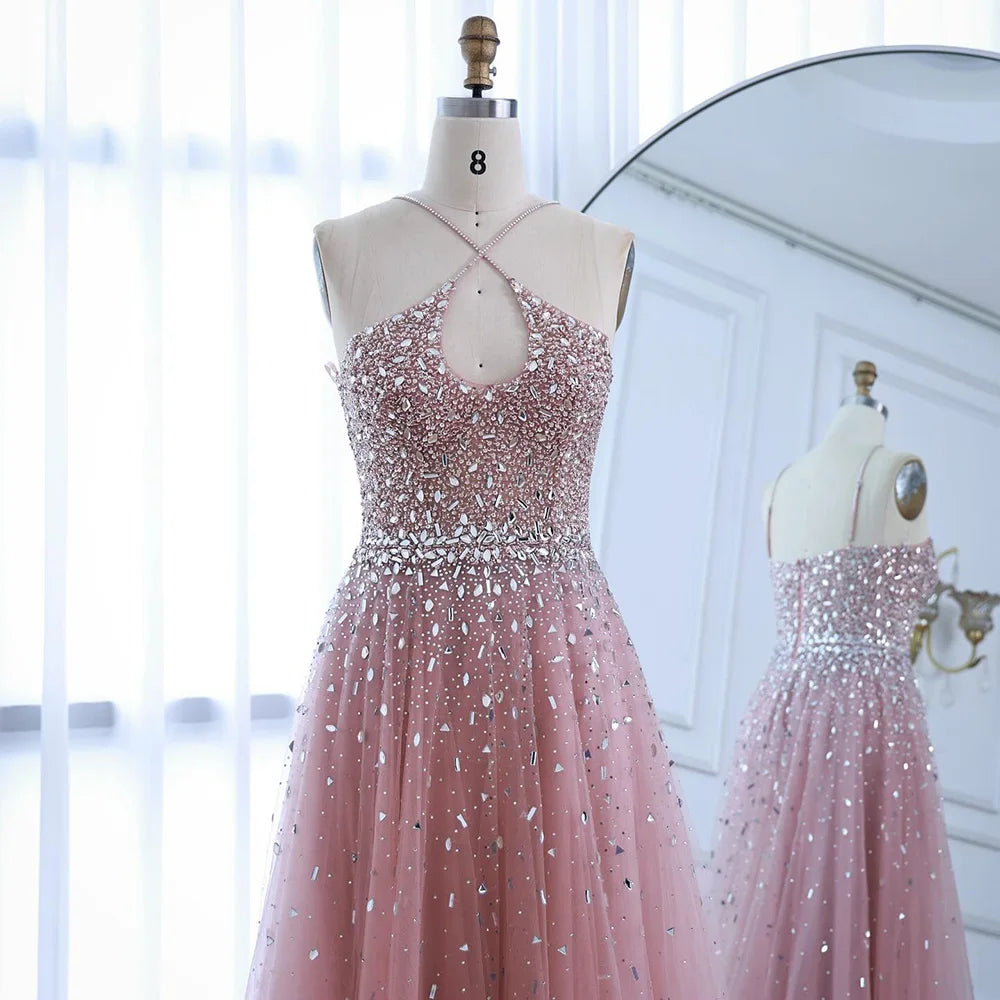 Caramel Halter Beaded Tulle A-Line Evening Gown Dubai Saudi LA72863