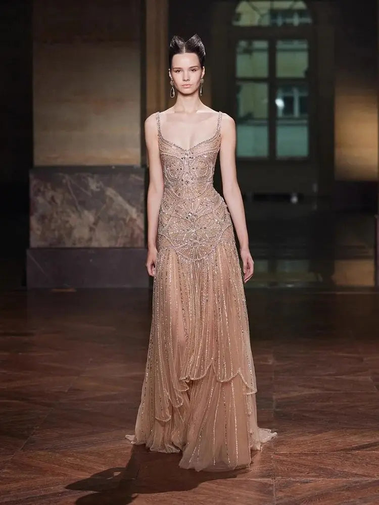 Luxury Nude Spaghetti Strap Beaded A line Evening Dress LA73189