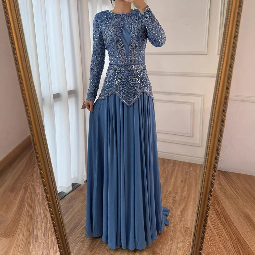 Luxury Designer  Blue Beaded Evening Dress with Long Sleeves LA72962