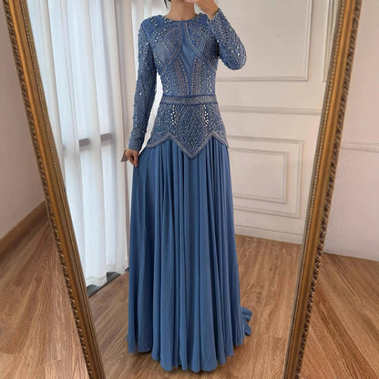 Luxury Designer  Blue Beaded Evening Dress with Long Sleeves LA72962
