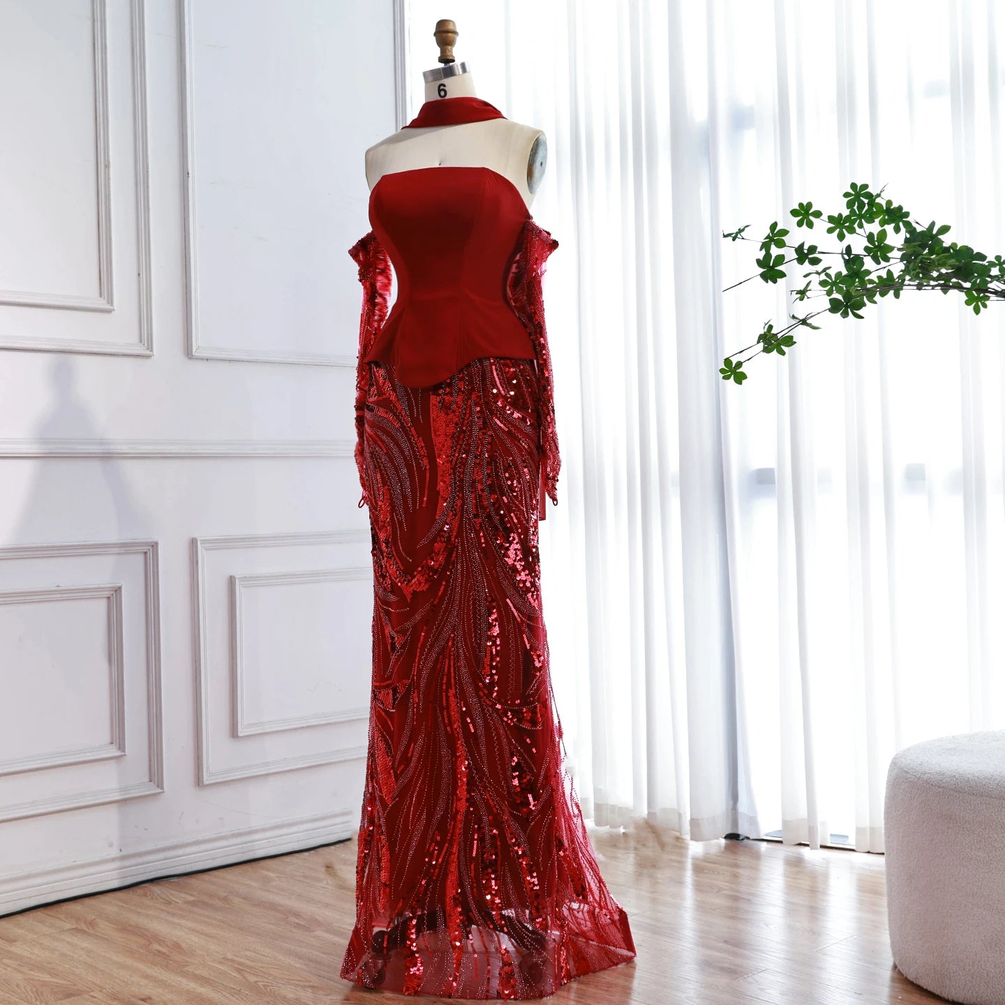 Luxury Wine Red Mermaid Evening Dress With Gloves LA73050E