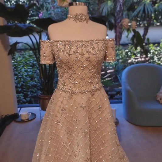 Luxury Nude Sliver Off Shoulder Beaded Crystal A-Line Evening Dress LA73122
