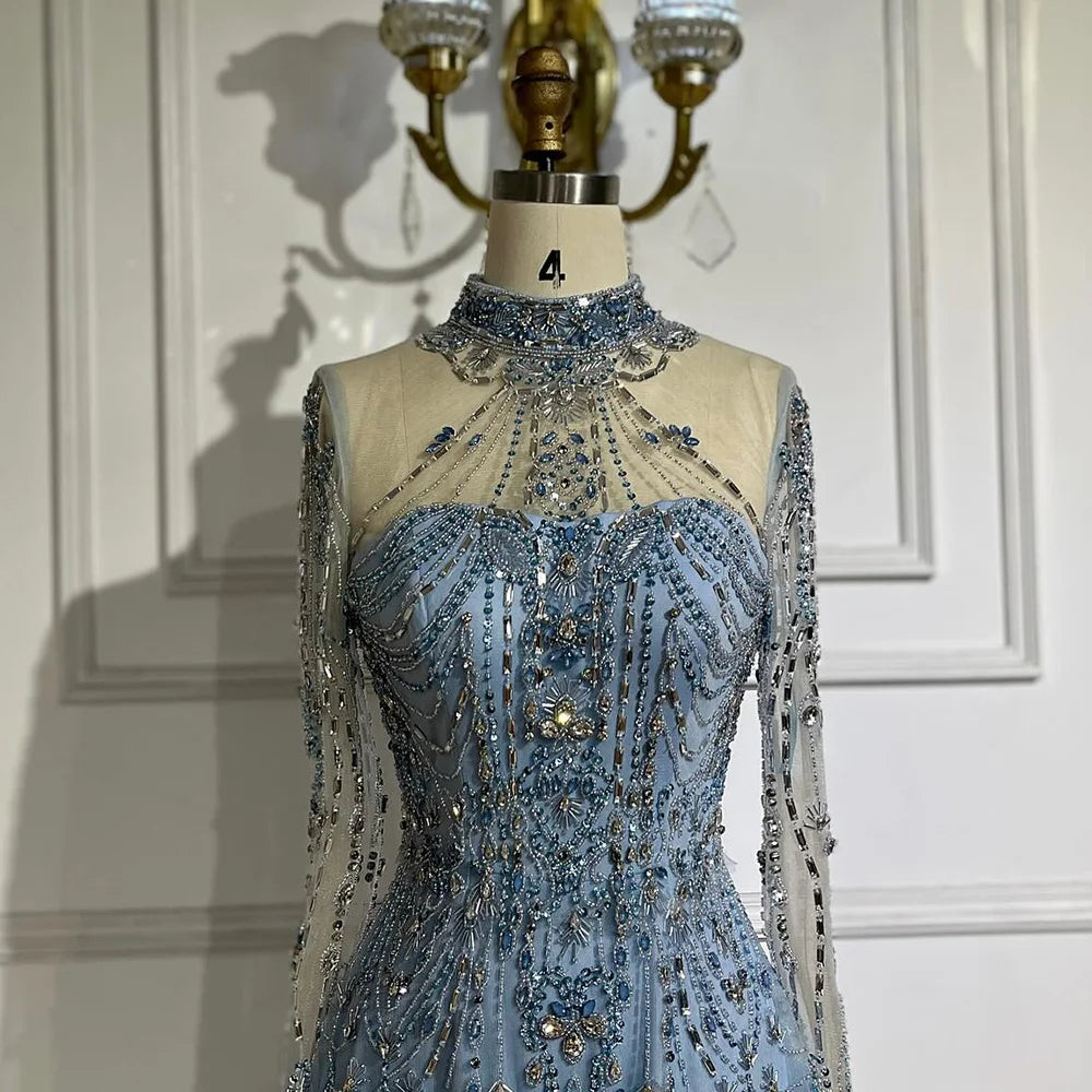 Luxury A-Line Blue Lace Beaded Turtleneck Evening Dresses LA72704