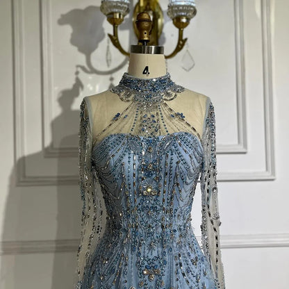 Luxury A-Line Blue Lace Beaded Turtleneck Evening Dresses LA72704