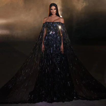 Luxury Black A Line Beaded Evening Dress with Cape Sleeves LA71824