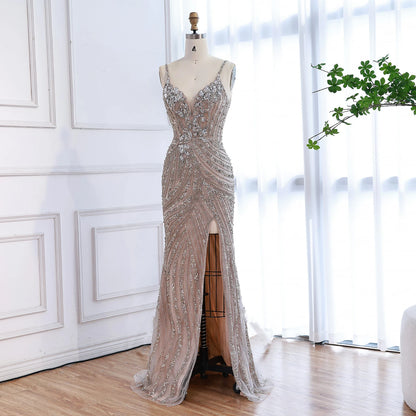 Luxury Nude Beaded High Slit Mermaid Evening Dress LA73340
