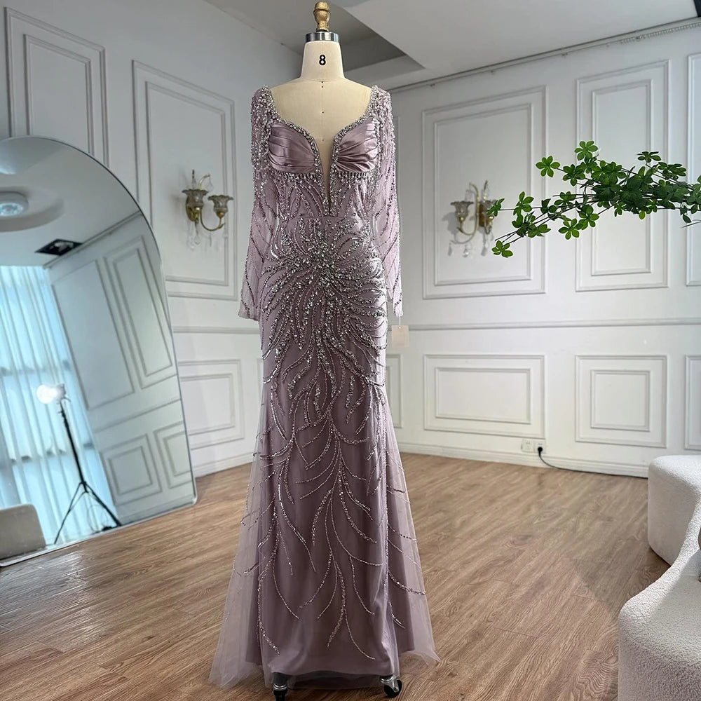 Luxury  Muslin Blue hijab Evening Dress With Long Sleeves LA72963