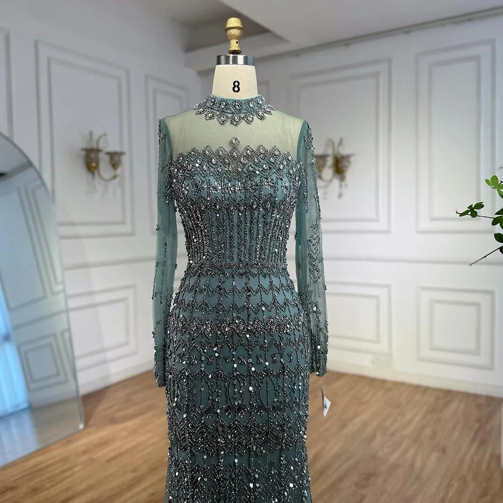 Luxury Arabic Turquoise Beaded Mermaid Evening Dress Long Sleeve LA72714C