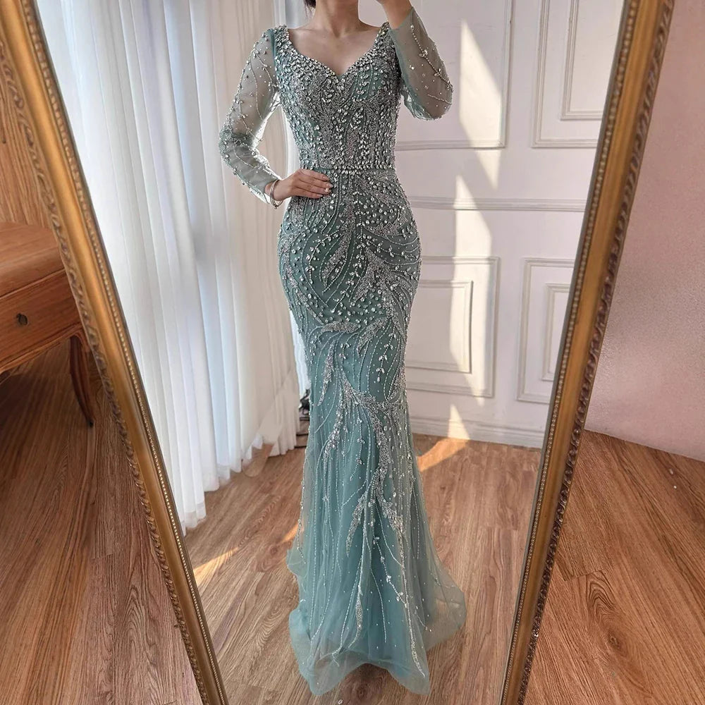 Luxury Muslim Nude Arabic Mermaid Beaded Evening Dress LA73191