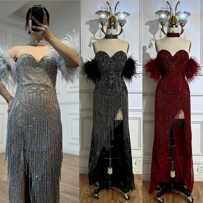 Luxury Silver Nude Mermaid Evening Dress with Beaded Tassel LA72083