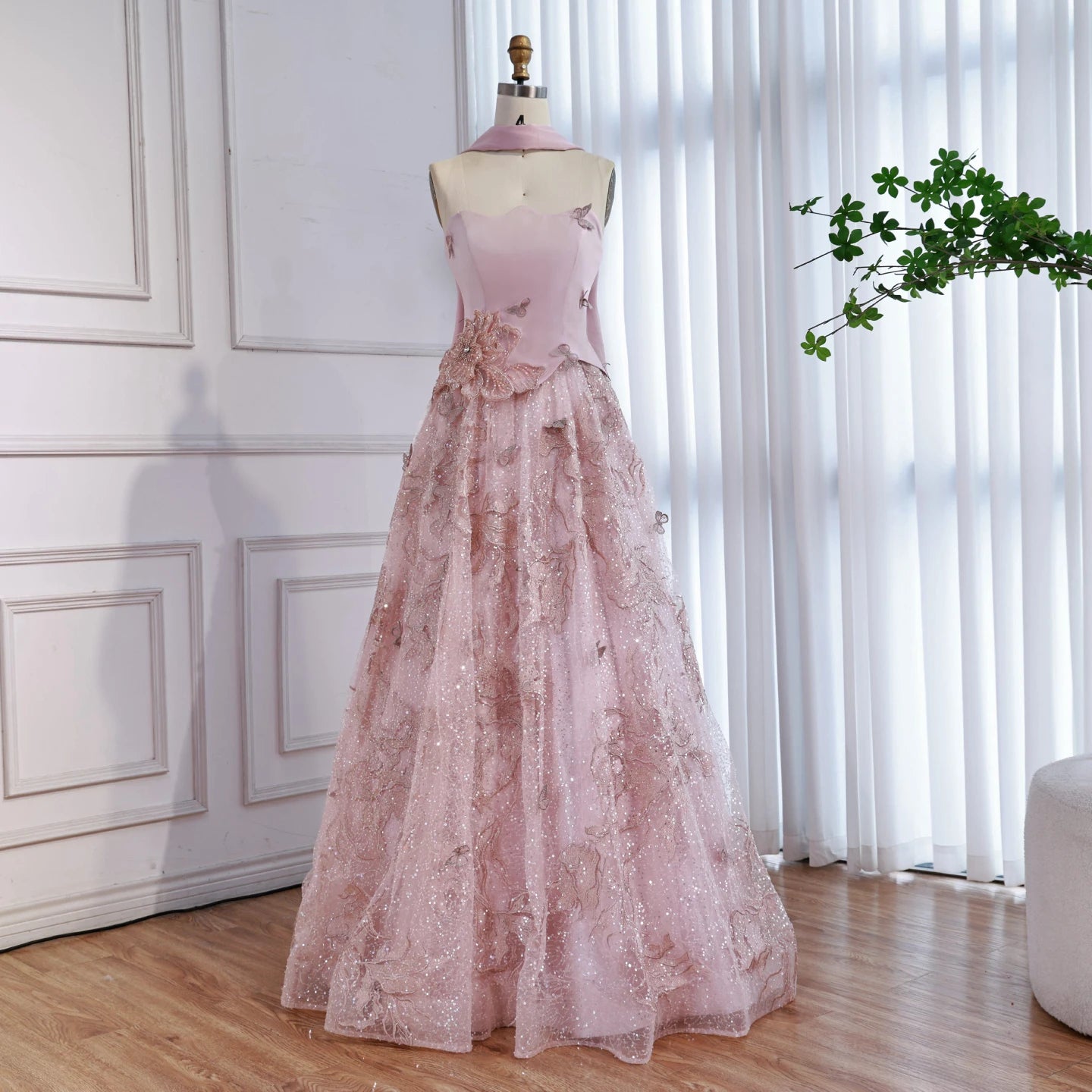 Luxury Pink Two Pieces A-Line Evening Dress with Cape LA73415