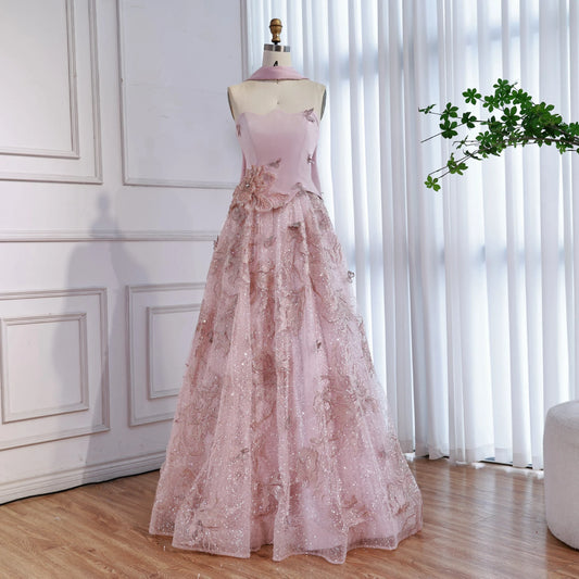 Luxury Pink Two Pieces A-Line Evening Dress with Cape LA73415