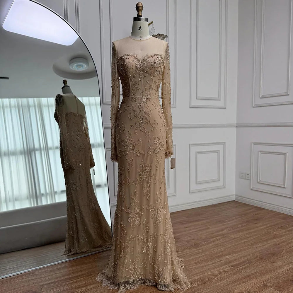 Luxury Arabic Lace Beaded Mermaid Evening Dress with Sleeves LA72545