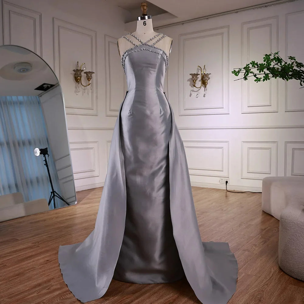 Elegant Light Blue Satin Arabic Evening Dress with Overskirt LA72524