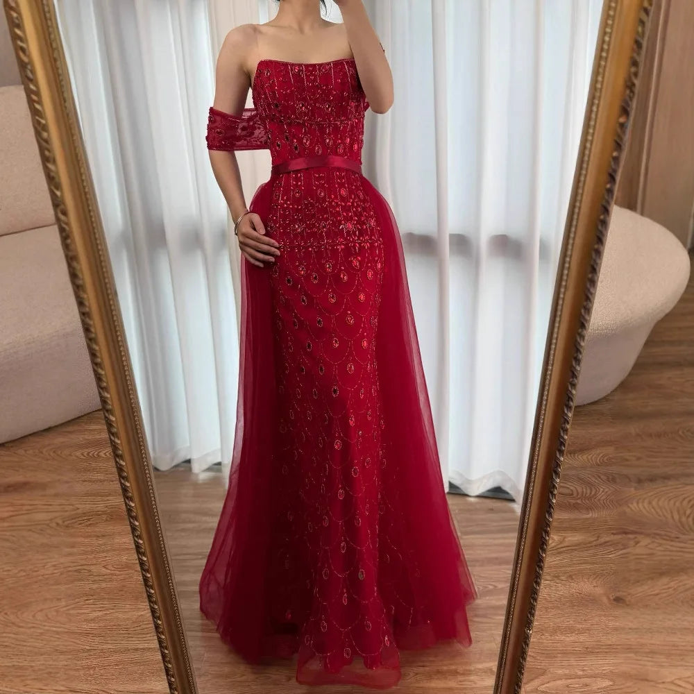 Luxury Caramel Beaded Mermaid Evening Dress with Overskirt LA71922
