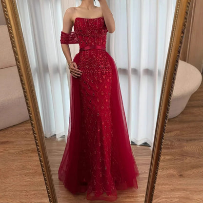 Luxury Caramel Beaded Mermaid Evening Dress with Overskirt LA71922