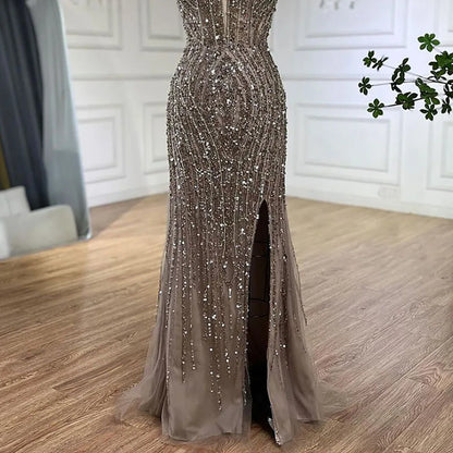 Luxury Silver Nude Beaded Evening Dress with Spaghetti Straps and High Slit LA72047C